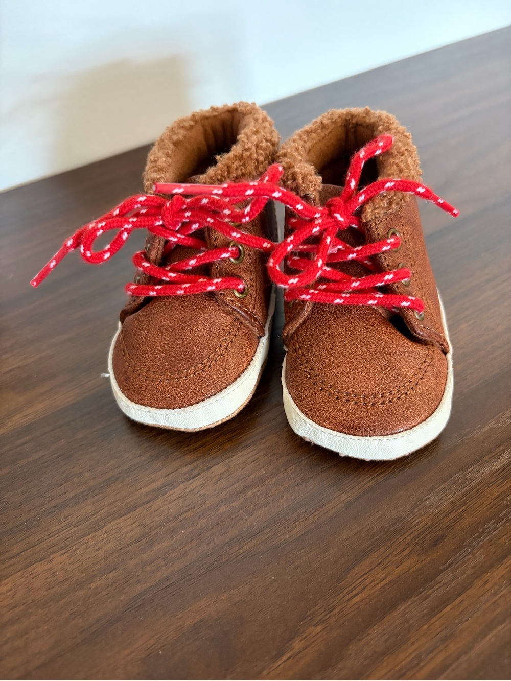 Old Navy Brown Faux Leather Baby Boots with Red Laces